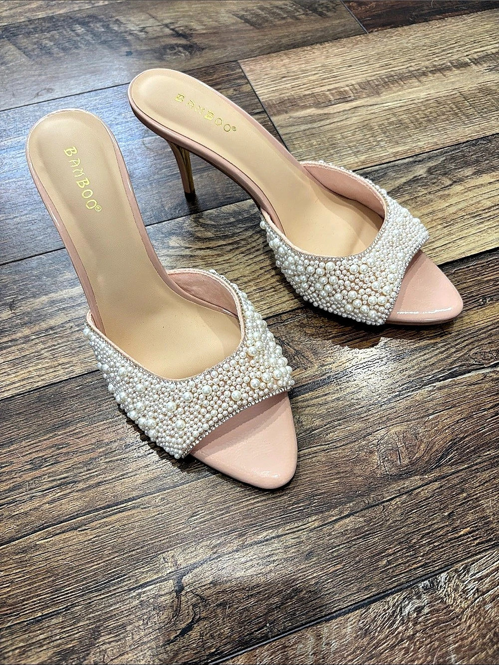 Pearl Embellished Open Toe Nude Mules Size 10